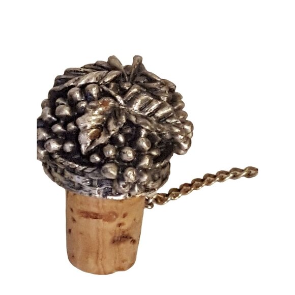 Vintage Pewter Grape Cluster Wine Bottle Stopper Cork - Picture 2 of 5